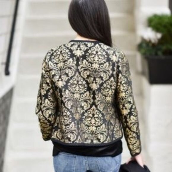 Old Navy Blazer Party Evening Black Gold Damask Unlined Open Front Size Medium - Picture 1 of 8